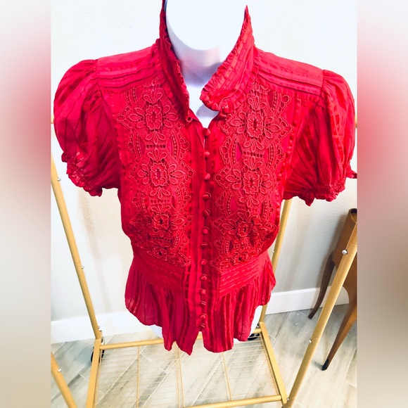 BEBE RED Short Sleeve Button Up Top in Size Medium! - Picture 2 of 16